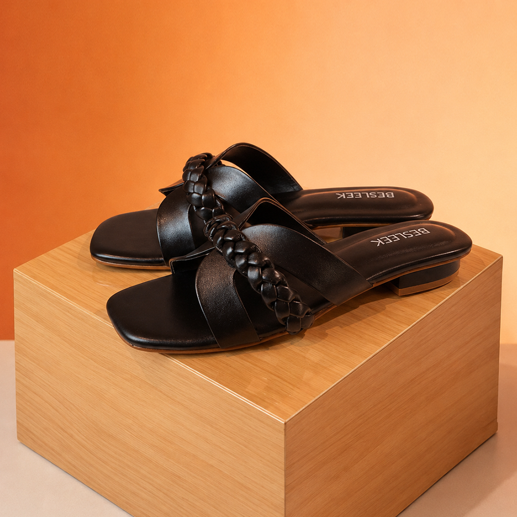 Black Luna Braid Woven Flat Slipper