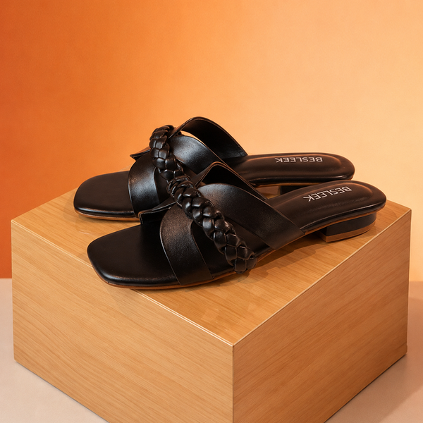 Black Luna Braid Woven Flat Slipper