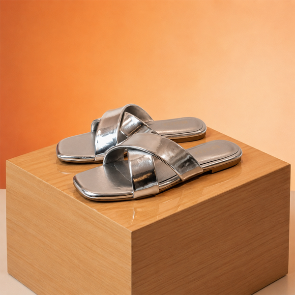 Silver Nova Cross Metallic Flat Slipper