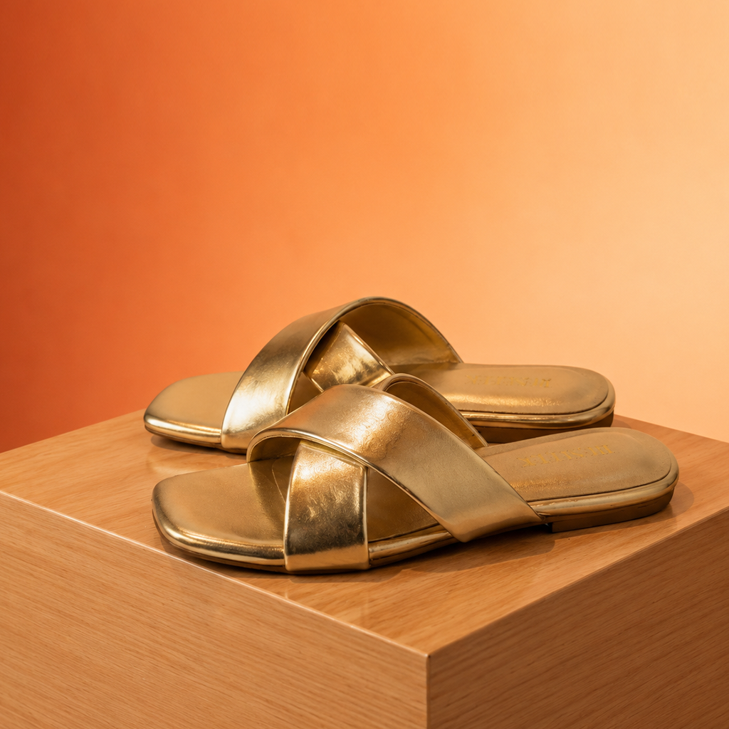 Gold Nova Cross Metallic Flat Slipper