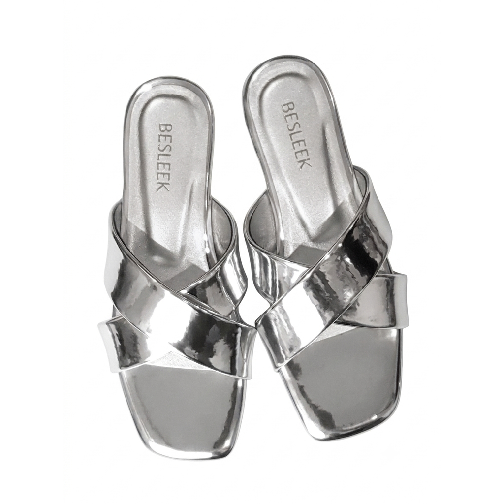 Silver Nova Cross Metallic Flat Slipper
