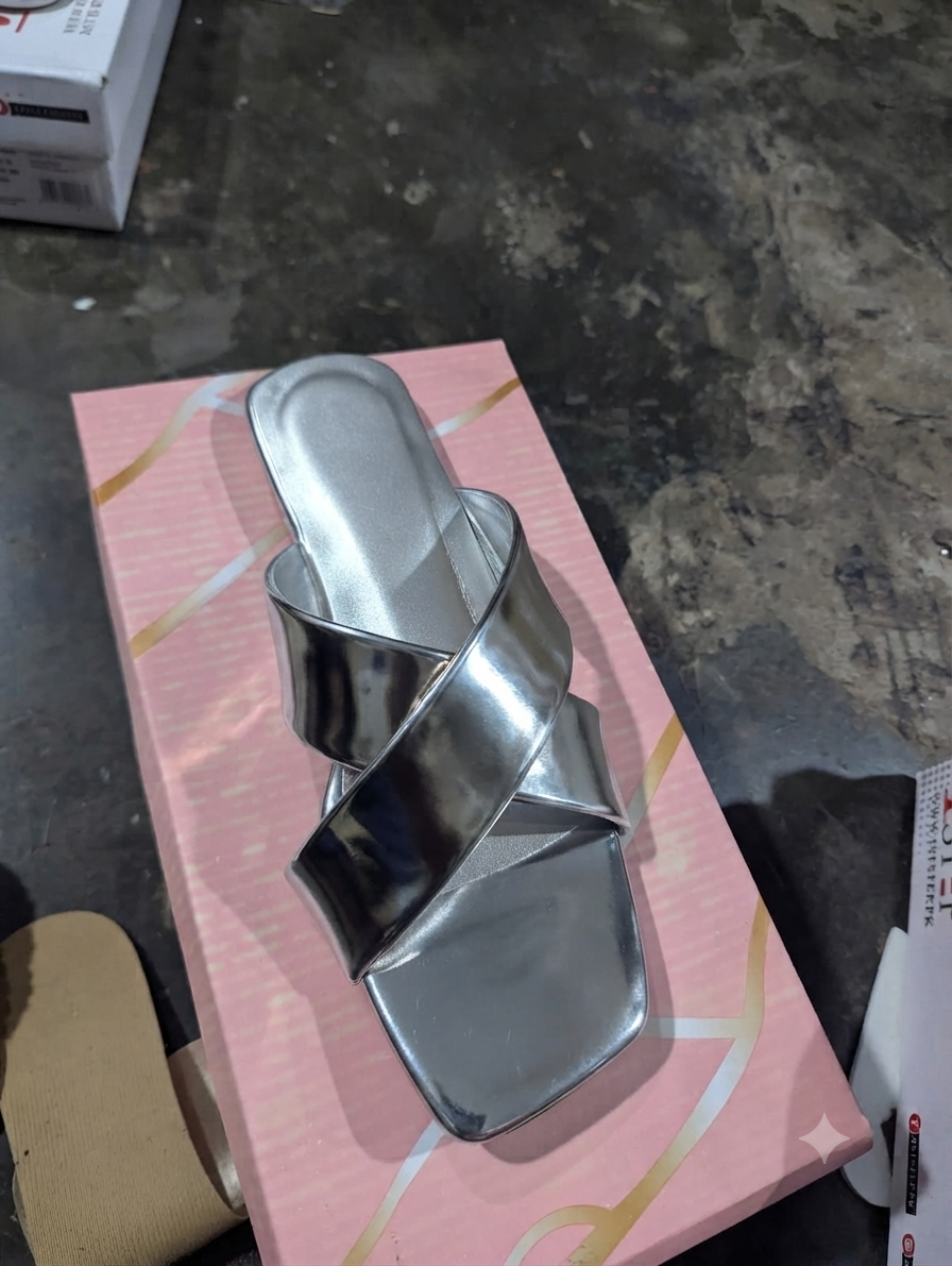 Silver Nova Cross Metallic Flat Slipper