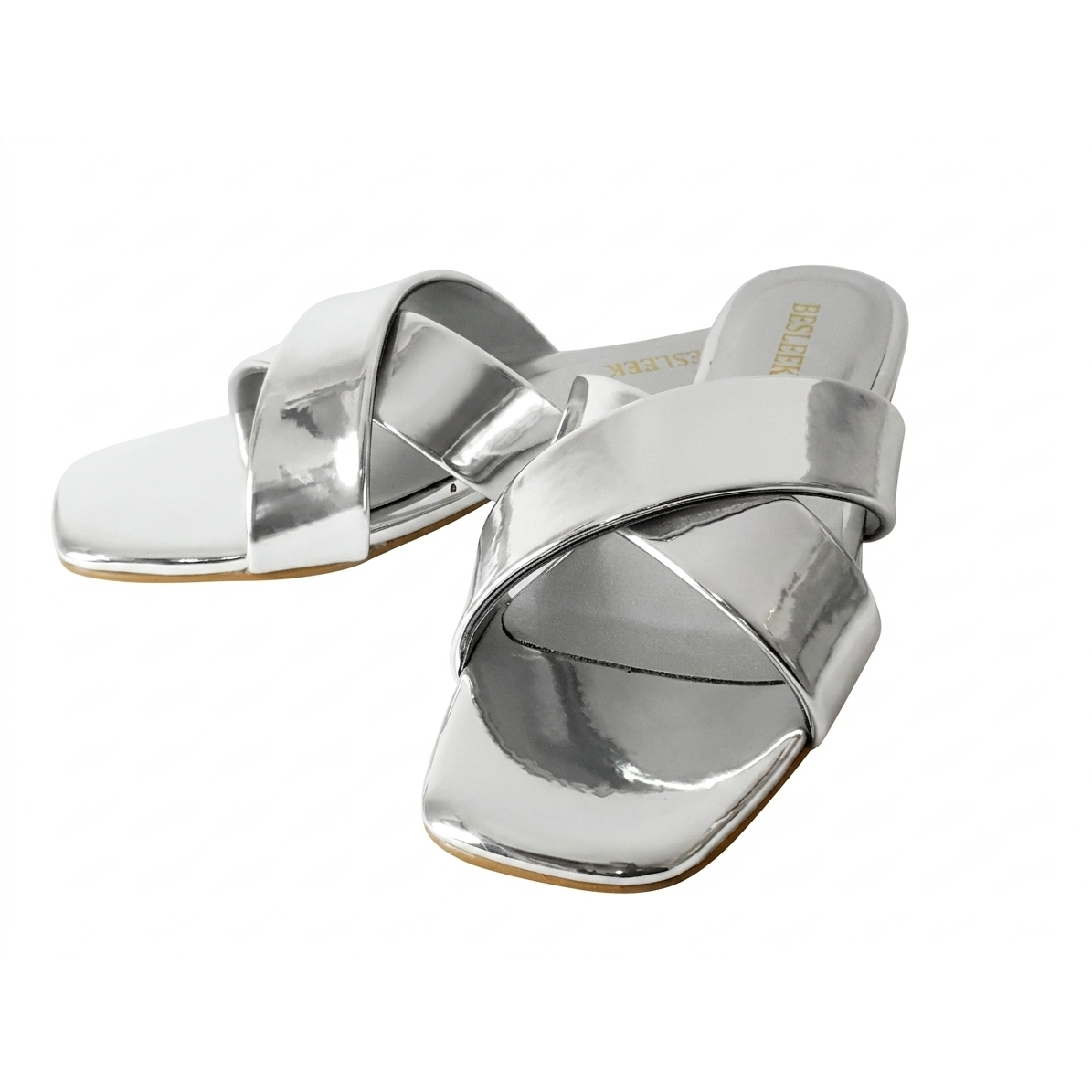 Silver Nova Cross Metallic Flat Slipper