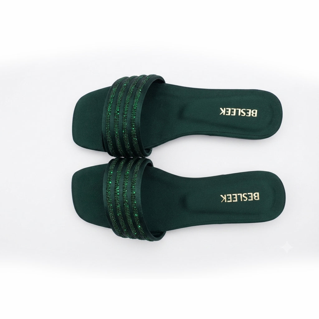 Emerald Green Crystal Grace Rhinestone Flat Slipper